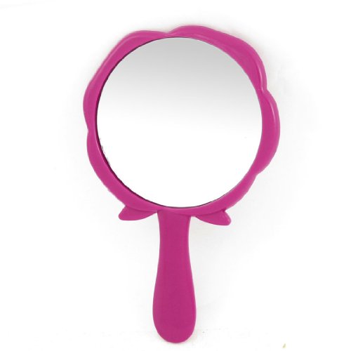 uxcell Fuchsia Plastic Frame Rose Pattern Handheld Round Makeup Mirror