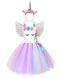 Cuteshower Girl Unicorn Costume, Baby Unicorn Tutu Dress Outfit Princess Party Costumes with Headband and Wings (7-8 Years, White)
