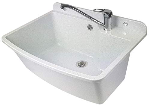 GOSPO Ausgussbecken mit stehende Armatur, Waschbecken 61 cm x 44 cm x 23,5 cm, Waschtrog mit Überlauf und Siphon… – Bild 3