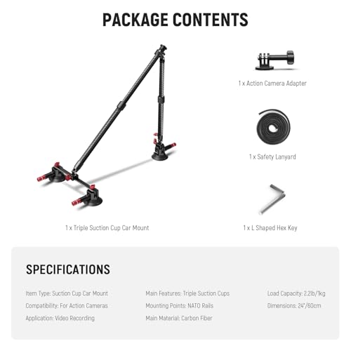 Neewer Triple Suction Cup Car Mount Kit, Carbon Fiber Camera Mount with Action Camera Adapter, NATO Rail & 24"/60cm Extension Pole Compatible with GoPro Insta360, 2.2lb/1kg Max Load, CA136