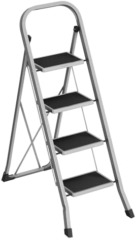 Escada de degraus, escada com 4 degraus, degrau dobrável, fechadura de segurança, fácil de arrumar, carga até 150 kg, Dove Gray GSL004G01