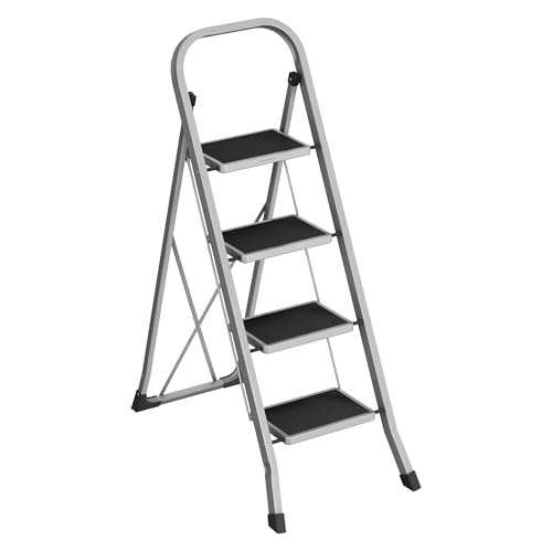 Escalera de Tijera, Escalera con 4 Peldaños, Peldaño Plegable, Bloqueo de Seguridad, Fácil de Guardar, Carga hasta 150 kg, Gris Paloma GSL004G01