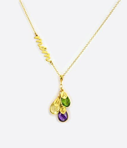 Mom Nameplate Necklace with Kid's Birthstones and Hand Stamped Initials [NP1-TDwLV]