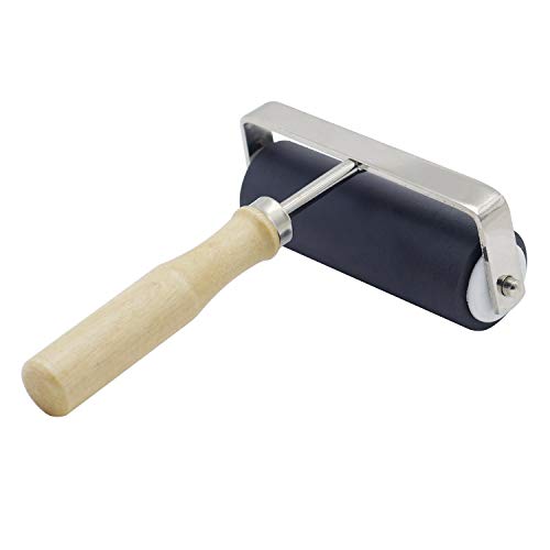 DGQ 4 Inch Rubber Brayer Roller with Wooden Handle Rubber Glue Roller for Anti Skid Tape Construction, Printmaking