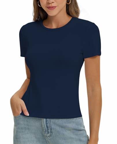 Damen Basic T-Shirt Y2K Slim Fit Oberteile Elegant Stretch Unterziehshirt Einfarbiges Top(Tibetisch Blau-F1,Xl)