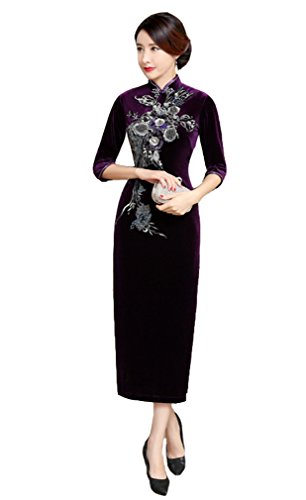 ACVIP Women Flower Embroidered Cheongsam Qipao Evening Party Birthday Dress