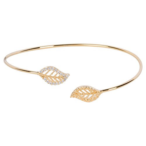 Brianna Alexis 925 Sterling Silver Pave Leaf Double End Bangle Bracelet (yellow gold-plated-silver)