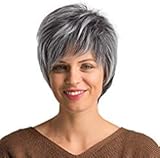 Emmor Short Grey Synthetic Wigs for Women Pixie Cut Wig Natural Realistic Daily Use Hair, Mix Black & White Fiber