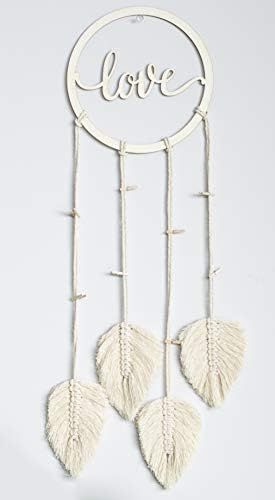 KRASKA Macrame Wall Hanging Feather Macrame Cord with Love Word Wood Art Wall Decor, Boho Chic Bohemian Yarn Wall Hanging with 8 Wood Clips Beautifully Handmade Wall Hanging Size 8 x 26 inch