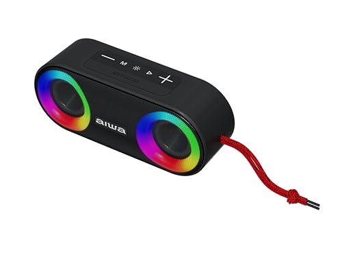 Aiwa Bocina Bluetooth Portátil 20W RMS con Luces LED, Bluetooth 5.3, Sonido Estéreo TWS, Resistente al Agua IPX5, Radio FM, Entradas USB, AUX y TF, Batería 3000 mAh, Ligera y Compacta Color Negro