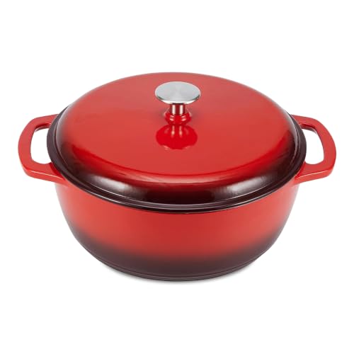 Amazon Basics Schmortopf Rund aus Emailliertem Gusseisen mit Deckel, 4,1 L, Rot