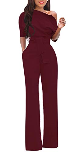 VLUNT Womens Elegant Solid Off Shoulder High Waisted Jumpsuit Romper with Belt for Party Club - Thumbnail 2
