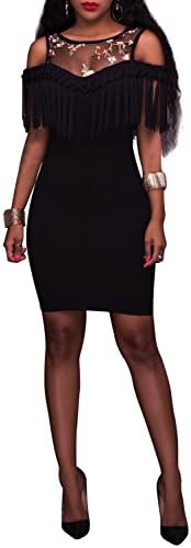 Wonderoy Women's Tassel Embroidery Slim Fitted Club Cocktail Party Bodycon Mini Dress XL Black