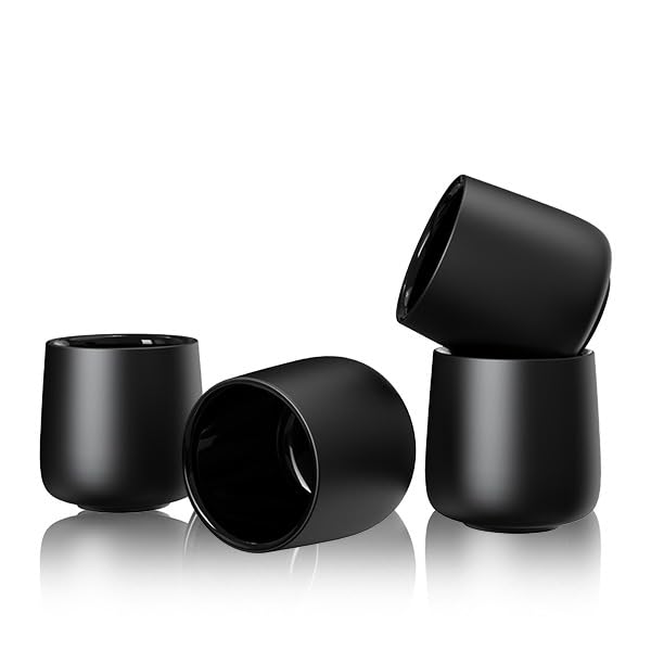 WRKFH Ceramic Espresso Coffee Cup - Double Walled no Handle - Set of 4 - Latte Cappuccino Espresso Flat White Coffee Cup - Work from Home - Matte Black