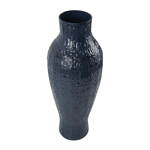 DECO 79 METAL DECORATIVE VASE DIMENSIONAL TEXTURED CENTERPIECE VASE WITH WAVY PATTERN, FLOWER VASE FOR HOME DECORATION 9″ X 9″ X 24″, DARK BLUE