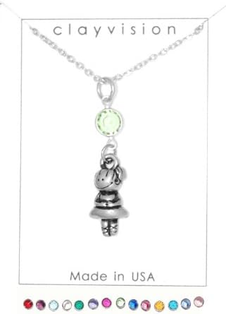 Clayvision Ballerina/Dancer Charm Necklace w/ Peridot Colored Crystal August