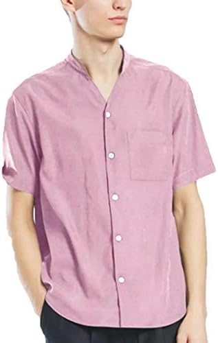 TUDUZ Men Shirts Summer Vintage Solid Grandad Collar Short Sleeve T Shirts Buttons Henley Neck Cotton and Linen Casual Tops Blouse