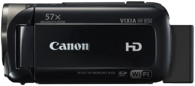 Black video camcorder with 57x superior zoom, includes 8GB storage.