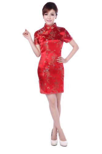 JTC Qipao Women's Chinese Dragon and Phoenix Cheongsam Dress Red