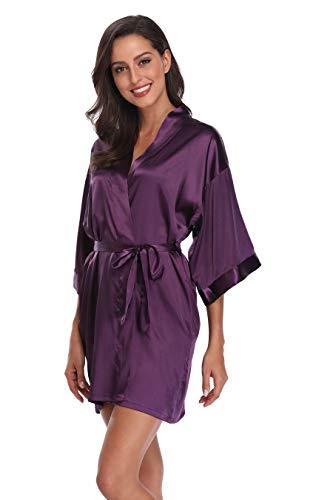 Women's Silky Bride Bridesmaid Kimono Robes Short Wedding Party Getting Ready Robe Dressing Gown with Gold Glitter, Bridesmaid DeepPurple L - Thumbnail 4