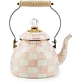 MACKENZIE-CHILDS Enamel Tea Kettle, Stylish Tea Kettle for Stovetop, Pink-and-White Rosy Check, 2 Quarts