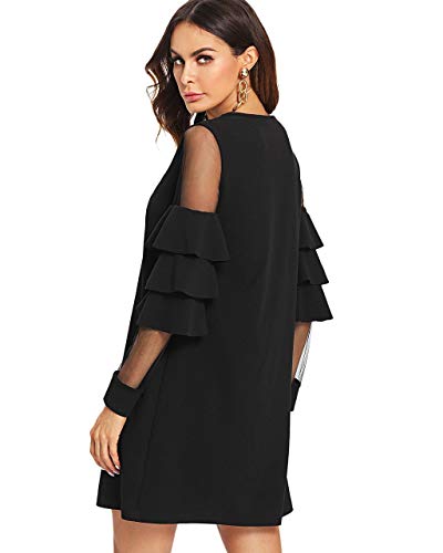 DIDK Damen Elegant Kleider Rundhals Minikleider Locker mit Netzstoff und Glockärmeln – Bild 3