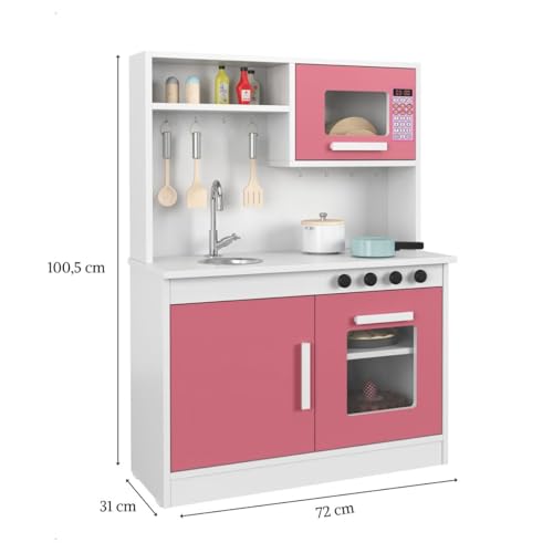 Cozinha Infantil Encanto Completa Nicho Forno Micro-Ondas Ganchos Porta Utensílios Torneira Metálica Pia Fogão Cooktop Armário Criança Menina Menino - RP Online (Branco/Rosa)