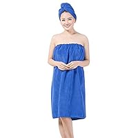 Queena Women Microfiber Bath Towel Wrap & Hair Turban Adjustable Spa Shower Cover Up Sapphire Blue
