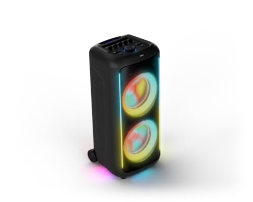 TAX5000E Bluetooth-Party-Lautsprecher, 200 W Leistung, Bass+, Lichtshow, 14 Std. Akku, TWS, Auracast, Mikro-/Gitarren-Eingänge, IPX4-Spritzwasserschutz, USB, AUX, App-Steuerung, Räder, Griff