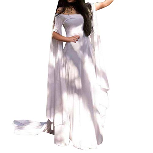 Women Hollow Trumpet Sleeve Flare Dress Off Shoulder Vintage Party Club Elegant Performance Medieval Costume by Lowprofile White - Thumbnail 4