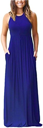Elosele Females Solid Loose Ruffled Casual Tunic Long Maxi Dresses Blue L