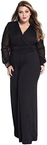 Women Plus Size Long Mesh Sleeves Plunge V Neck Wide Leg Wear to Work Casual Romper Jumpsuit (XXX-Large, Black)