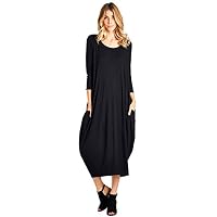 12 Ami Solid 3/4 Sleeve Bubble Hem Pocket Midi Dress Black L