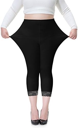Women's Plus Size Workout Capri Leggings Stretchy Yoga Tights Solid with Lace Trim