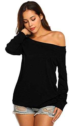 Women\'s Off the Shoulder Tops Long Sleeve Boat Neck Baggy Slouchy Shirts (L,Black)