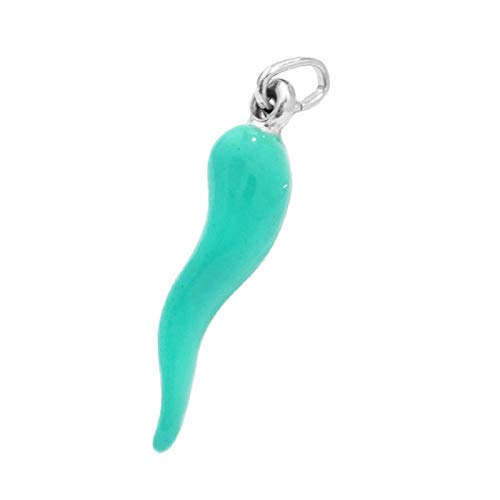 Remo Gammella 925 Sterling Silver Good Luck Horn Pendant Man Woman Enamel Pendant. Made in Italy. choose your color (sea ​​water green, 3.6)
