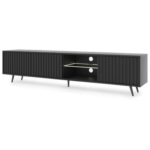 SELSEY Bello Wooden TV Cabinet with Slatted MDF Fronts 175 x 43 x 31 cm, Black TV Unit with Glass Shelf & LED Lighting, For TVs up to 75, Sleek TV Stand with Hidden Storage & Open Shelves