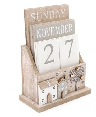 JJA Wooden House and Tree Calendar Wooden Flip Desk Blocks Calendar Sweet House Scene and Tree Decal 16 x 12 x 6cm Week Month Date Display Home Office Decoration