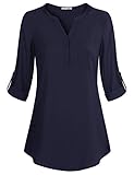 Cuffed Sleeve Shirts for Women,Messic Women's V-Neck Blouses 3/4 Roll-Up Sleeve Button Casual Chiffon Tunic Shirt (X-Large, Navy)