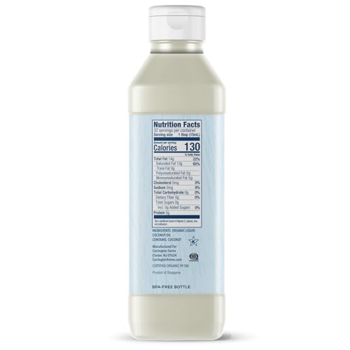 CARRINGTON FARMS ORGANIC LIQUID COCONUT COOKING OIL, 16 FL OZ –UNFLAVORED, UNSCENTED, HIGH SMOKE POINT, MCT-RICH, NO TRANS FAT – FOR COOKING, SAUTÉING, FRYING & BAKING – GLUTEN FREE, NON-GMO, HEXANE FREE, BPA FREE BOTTLE