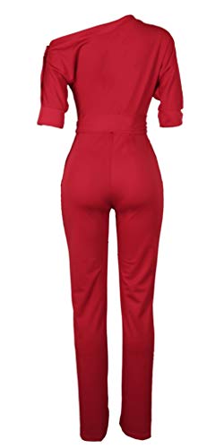 VLUNT Womens Elegant Solid Off Shoulder High Waisted Jumpsuit Romper with Belt for Party Club