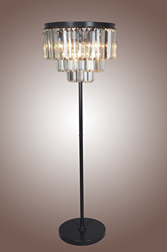 21" Vintage Rustic Crystal FLOOR LAMP ,1920S ODEON CLEAR GLASS FRINGE 3-TIER CHANDELIER ,Antique Black Finish . Rostoration Style , Dinning Room .