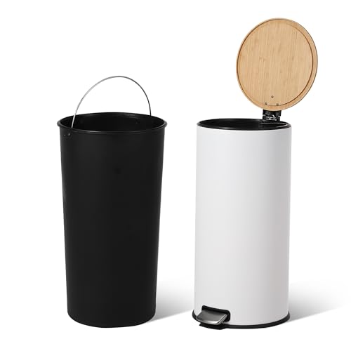 30L Stainless Steel Trash Can with Bamboo Lid, Pedal - Operated Garbage Bin with Removable Inner Bucket for Kitchen, Bathroom, Small Spaces