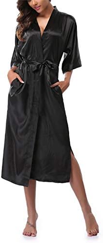 Women's Satin Robes Pure Color Long Kimono Bathrobes Soft Nightgown