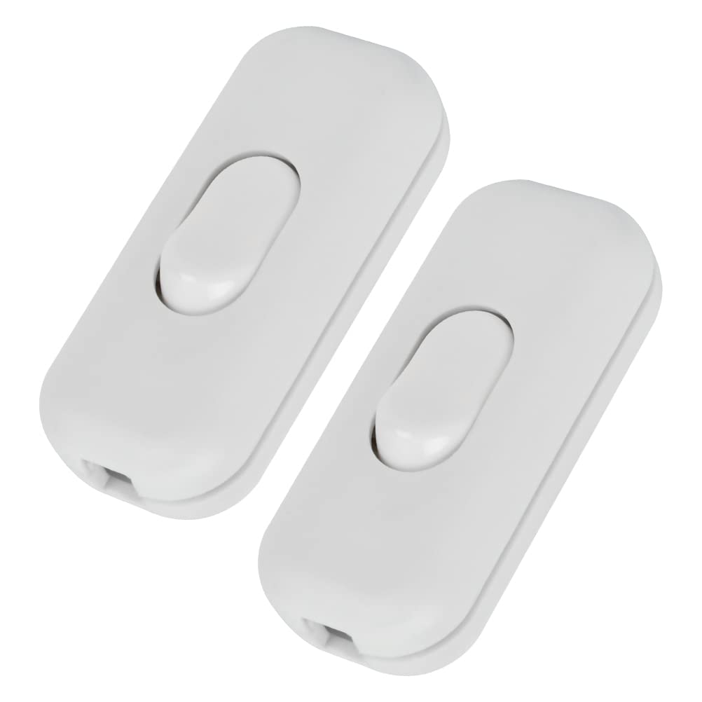 2 Pack Torpedo Rocker Switch 6Amp Inline Cord for Small Appliance or Lamp - Flat Wire Light Bulb AC 6A Dual Pole White
