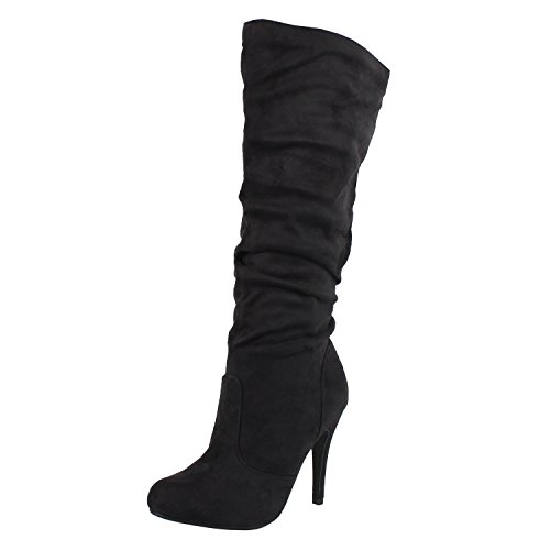 Womens Slouched Suede Knee High High Heel Pointy Toe Fitted Boots