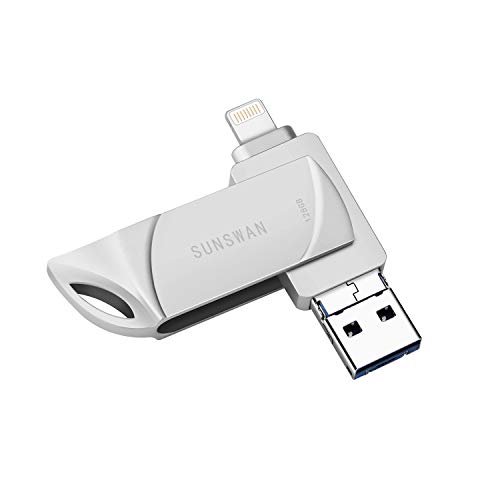 USB Flash Drive 128GB Memory Stick for iPhoneThumb Drive 3in1 iOS Flash Drive External Drive USB Stick Sunswan Compatible iPhone iPad iOS MacBook Android and Computer (Silvre128G-DK)
