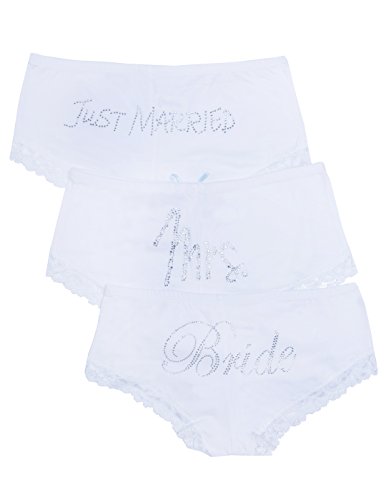 Caramel Cantina Juniors White Bride Rhinestone Hipster Panty with Lace Accents (Medium, 3PK: Bride/Mrs/JM)