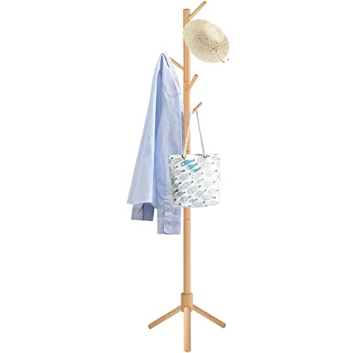 Yawinhe Porte-Manteau en Bois,en Forme d’Arbre, Portemanteau sur Pieds avec 8 Crochets,3 Hauteurs Réglables, Dimensions: 30x180cm, pour Ranger Vestes,Manteaux,Chapeaux,Naturel,1Pack