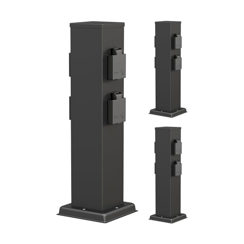 ledscom.de 3X Garten Steckdosensäule Polly für außen, IP44, 4-Fach, Edelstahl, schwarz, eckig, 40 cm